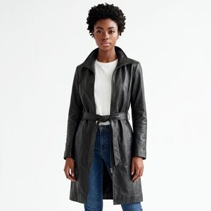 Black Leather Jacket with Belt - Medium